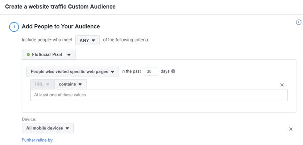 Use a ferramenta de configuração de eventos do Facebook, etapa 17, configurações para criar um público-alvo personalizado do Facebook para o tráfego do site com base no dispositivo