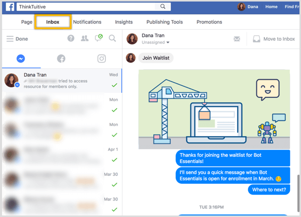 Página do Facebook Inbox Messenger