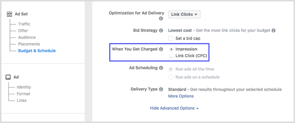 Escolha Impressão ou Cliques de link (CPC) na seção Quando você recebe a cobrança da configuração da campanha do Facebook.
