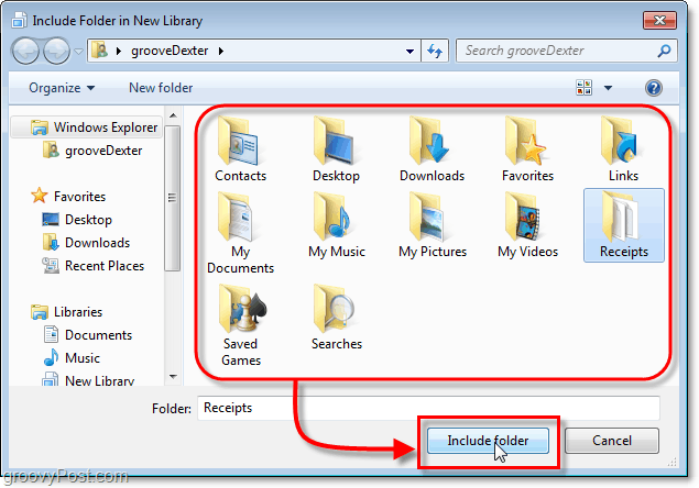 selecione uma pasta para incluir nas bibliotecas do Windows 7