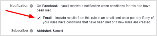 Opções de notificação para regra automatizada do Facebook