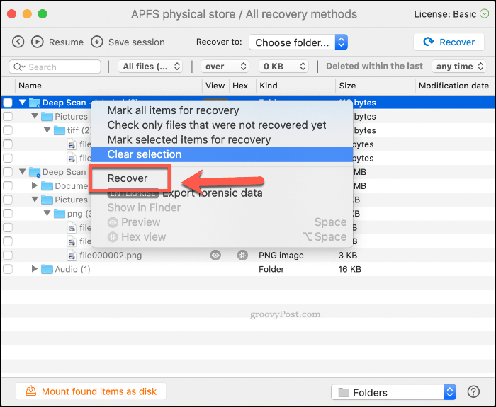 Recuperando arquivos excluídos no Disk Drill no macOS