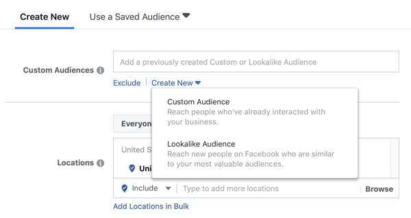 Opções para usar um público-alvo personalizado ou semelhante para uma campanha publicitária do Facebook.