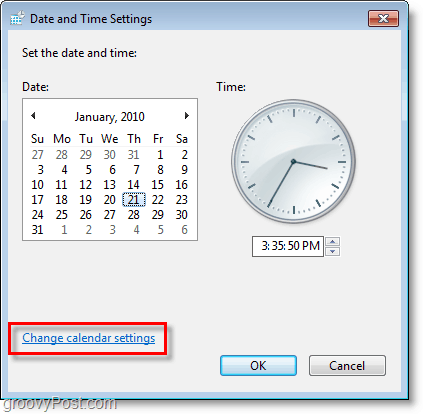Captura de tela do Windows 7 - altere as configurações do calendário