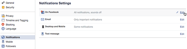 configurações gerais de notificação do Facebook no desktop