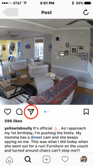 Se a Nest quisesse entrar em contato com esse usuário do Instagram para obter permissão para usar seu conteúdo, eles poderiam iniciar a comunicação tocando no ícone de mensagem direta.