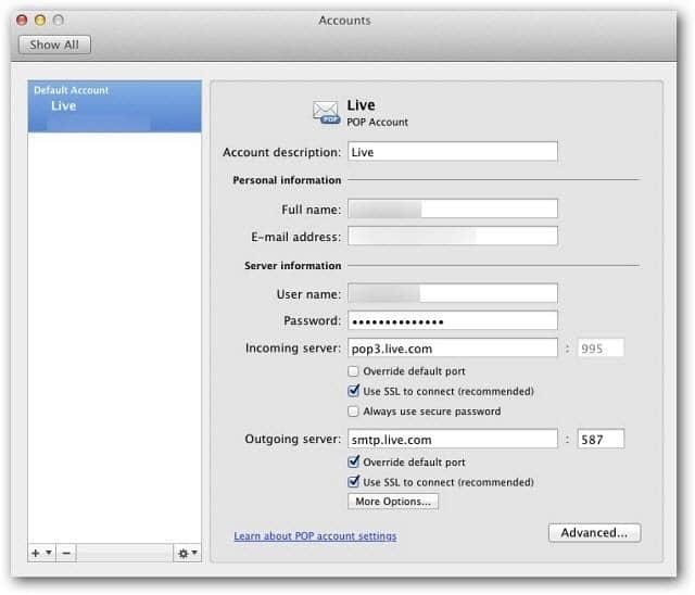 Microsoft Outlook Mac 2011: configurar o Windows Live Mail usando POP3