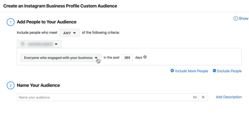 captura de tela da janela Criar um perfil personalizado de perfil de negócios do Instagram com as configurações padrão de Todos que se envolveram com sua empresa nos últimos 365 dias