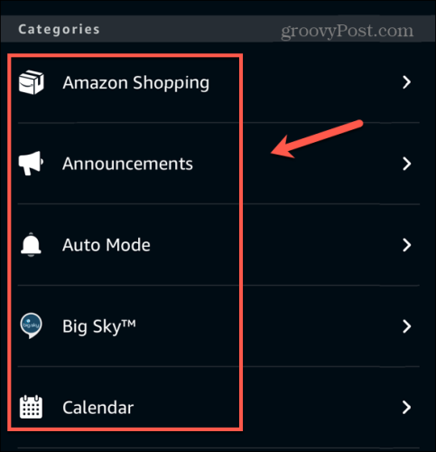 categorias de notificações do aplicativo Alexa