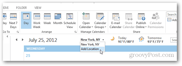 Tour climático do calendário do Outlook 2013 - Clique em Adicionar local