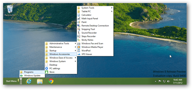 Barra de ferramentas do menu Iniciar da barra de tarefas do Windows 8