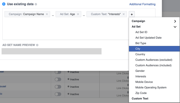Adicione campos para configurar sua convenção de nomenclatura de anúncios do Facebook.