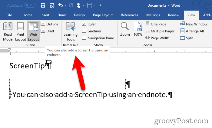 Dica de tela em uma nota de fim no Word