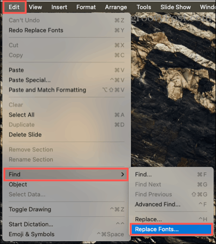 Editar, localizar e substituir fontes no PowerPoint no Mac