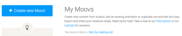 Clique no botão Criar Novo Moov para começar a usar o Moovly.