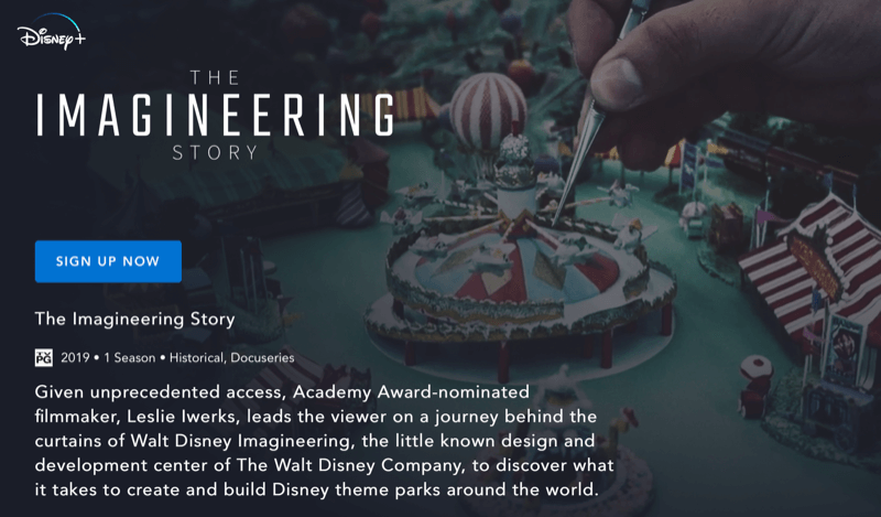 Disney + página da web para The Imagineering Story