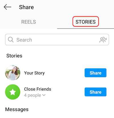 captura de tela da tela de postagem do instagram mostrando a guia de histórias permitindo que os rolos sejam compartilhados com sua história ou lista de amigos próximos