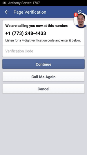 Aguarde a ligação do Facebook e anote o código de verificação de 4 dígitos fornecido.