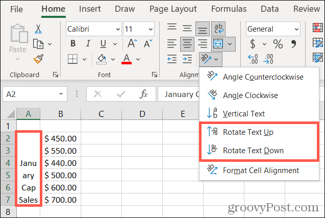 Gire o texto para cima ou para baixo no Excel