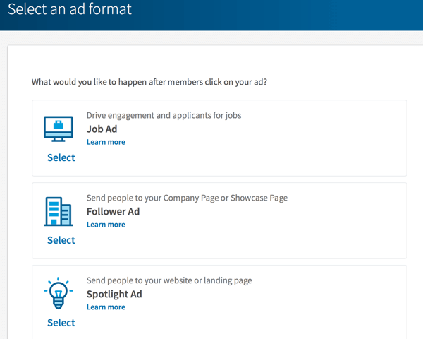Opções de formato de anúncios dinâmicos do LinkedIn.