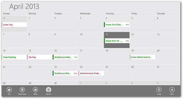 Aplicativo de calendário do Windows RT