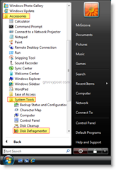 Inicie o Desfragmentador de disco no menu Iniciar do Windows Vista