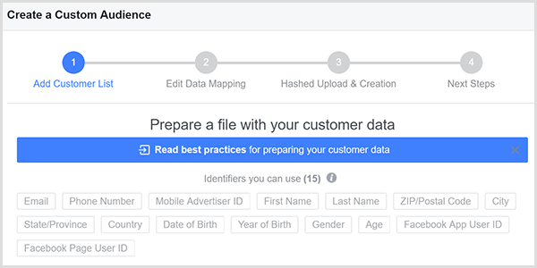 A caixa de diálogo Criar um público personalizado do Facebook tem 15 pontos de correspondência diferentes para os dados do seu cliente e esses pontos aparecem em caixas cinza na caixa de diálogo.