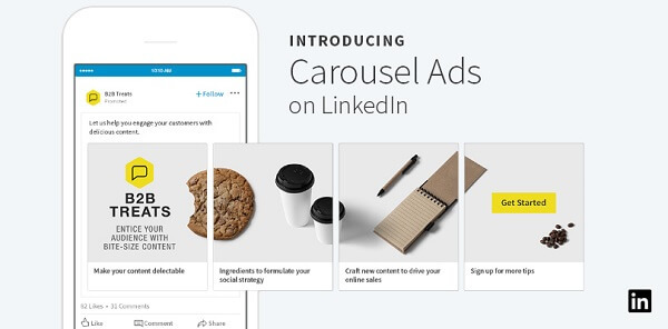 O LinkedIn lançou novos anúncios carrossel para Conteúdo patrocinado que podem incluir até 10 cartões personalizados e deslizantes.
