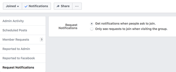 Ative as notificações de pessoas que pedem para entrar no seu grupo do Facebook.