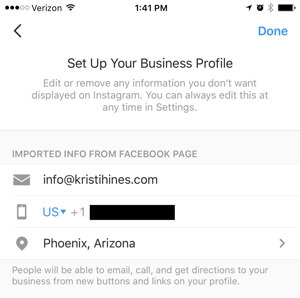 perfil de negócios do instagram conectar à página do Facebook