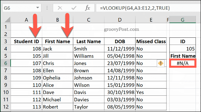 Outro exemplo de um erro de NA com VLOOKUP no Excel, devido a um intervalo de dados não ser classificado corretamente