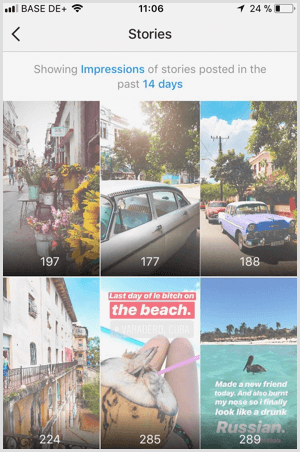 Visualize dados de impressões de histórias do Instagram no Instagram Analytics.