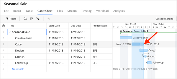 Arraste o marcador de data de vencimento para um gráfico de Gantt no Wrike.