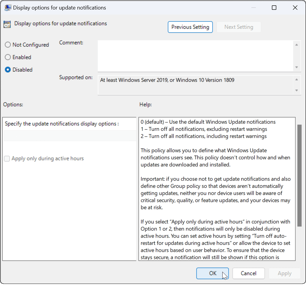 Desativar notificações de atualização no Windows 11
