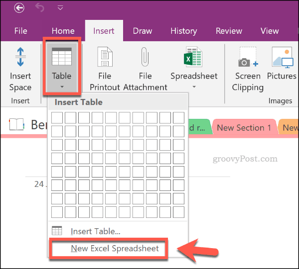 Inserir nova planilha do Excel no OneNote