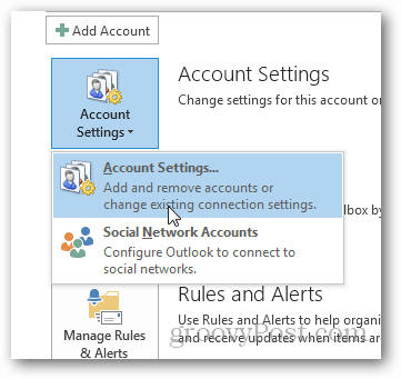 como criar um arquivo pst para o Outlook 2013 - clique em configurações da conta