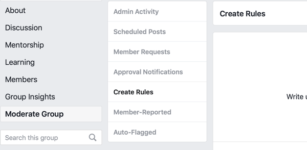 Como melhorar sua comunidade de grupo no Facebook, opção de menu do Facebook para criar regras para moderar seu grupo