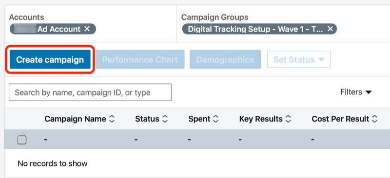 LinkedIn criar um botão de campanha no grupo de campanhas