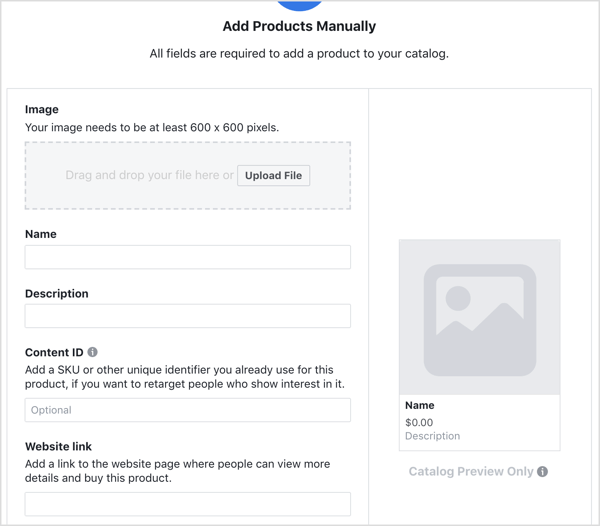 Insira os detalhes para adicionar um produto ao seu catálogo do Facebook.