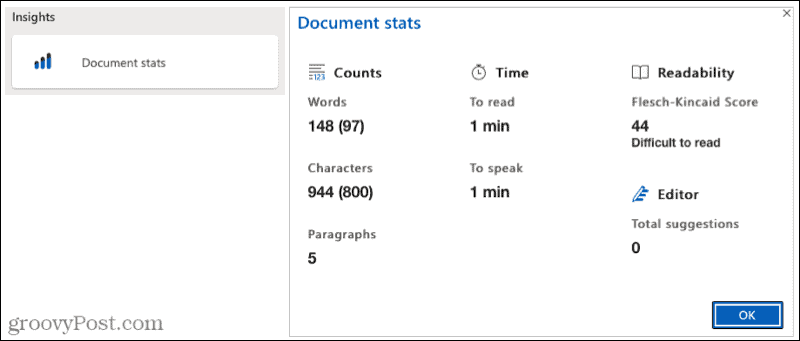 Microsoft Editor Document Stats