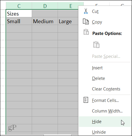 Ocultar atalho de coluna no Excel no Windows