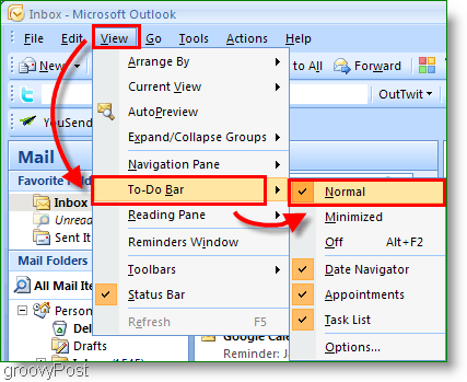 Barra de tarefas do Outlook 2007 - Personalizar a exibição para normal