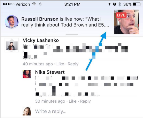 O Facebook agora reproduz transmissões de vídeo ao vivo dentro da notificação de que uma página que um usuário curtiu ou seguiu agora está ao vivo no Facebook.