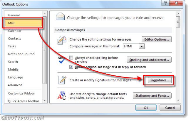 assinaturas de correio nas opções do Outlook 2010