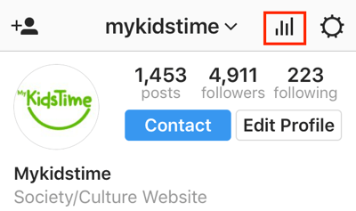 Toque no ícone do gráfico de barras para acessar Instagram Insights do aplicativo Instagram.