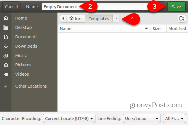Salve o arquivo de modelo Empty Document na pasta Templates no Ubuntu