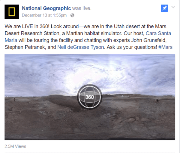 O Facebook lançou o vídeo Live 360 ​​nesta semana com um relatório da National Geographic das instalações da Mars Desert Research Station em Utah.