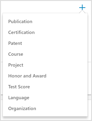As opções para adicionar uma realização a um perfil do LinkedIn