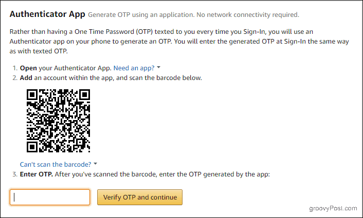Configuração do aplicativo Amazon Authenticator