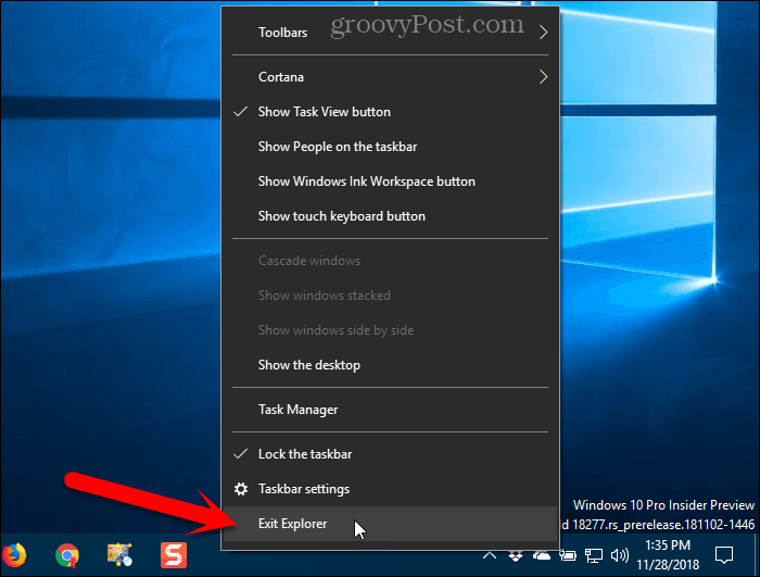 Selecione Sair do Explorer no menu de contexto da Barra de Tarefas no Windows 10